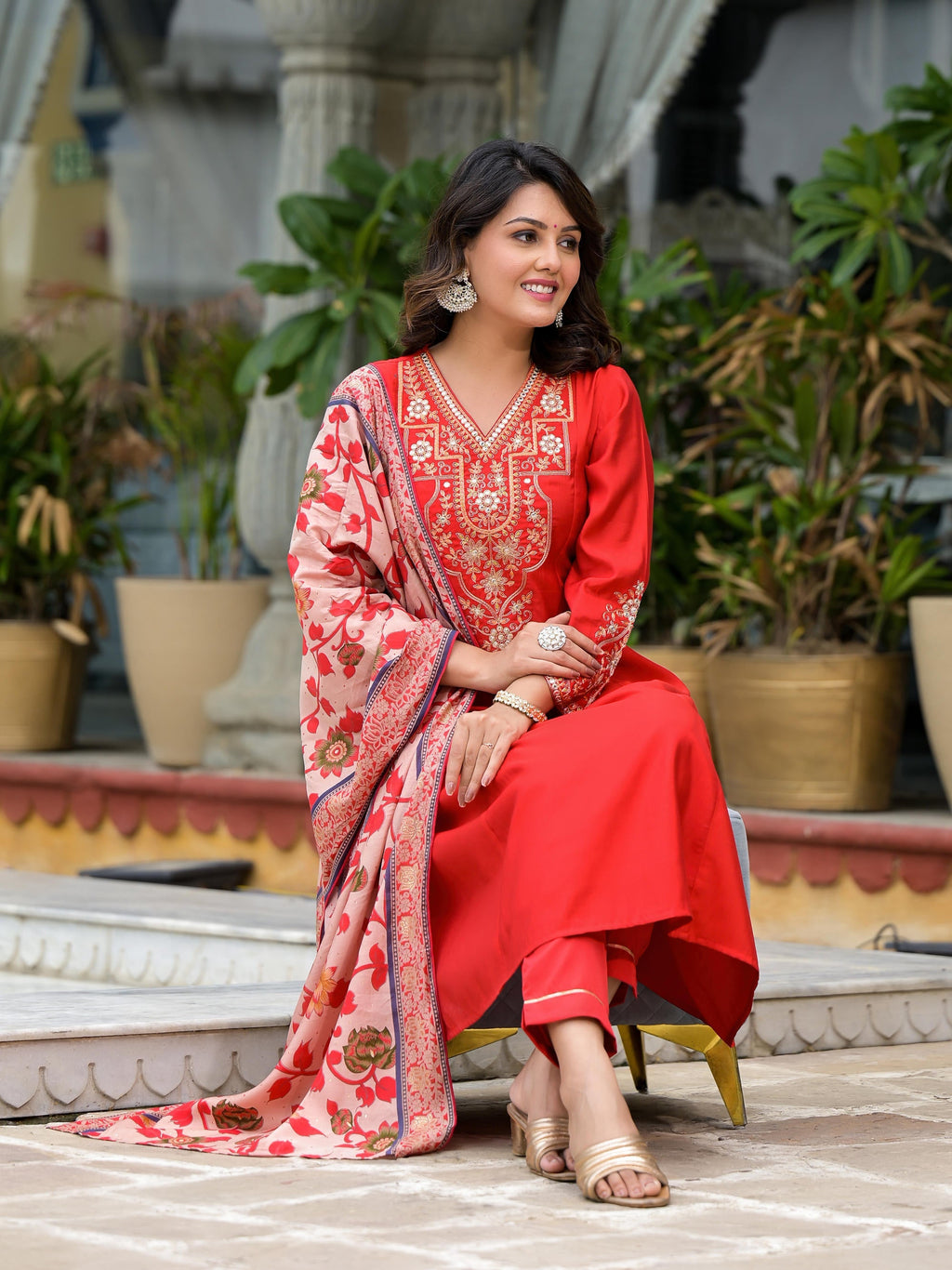 Juniper Women's Red Modal Embroidered Kurta Set
