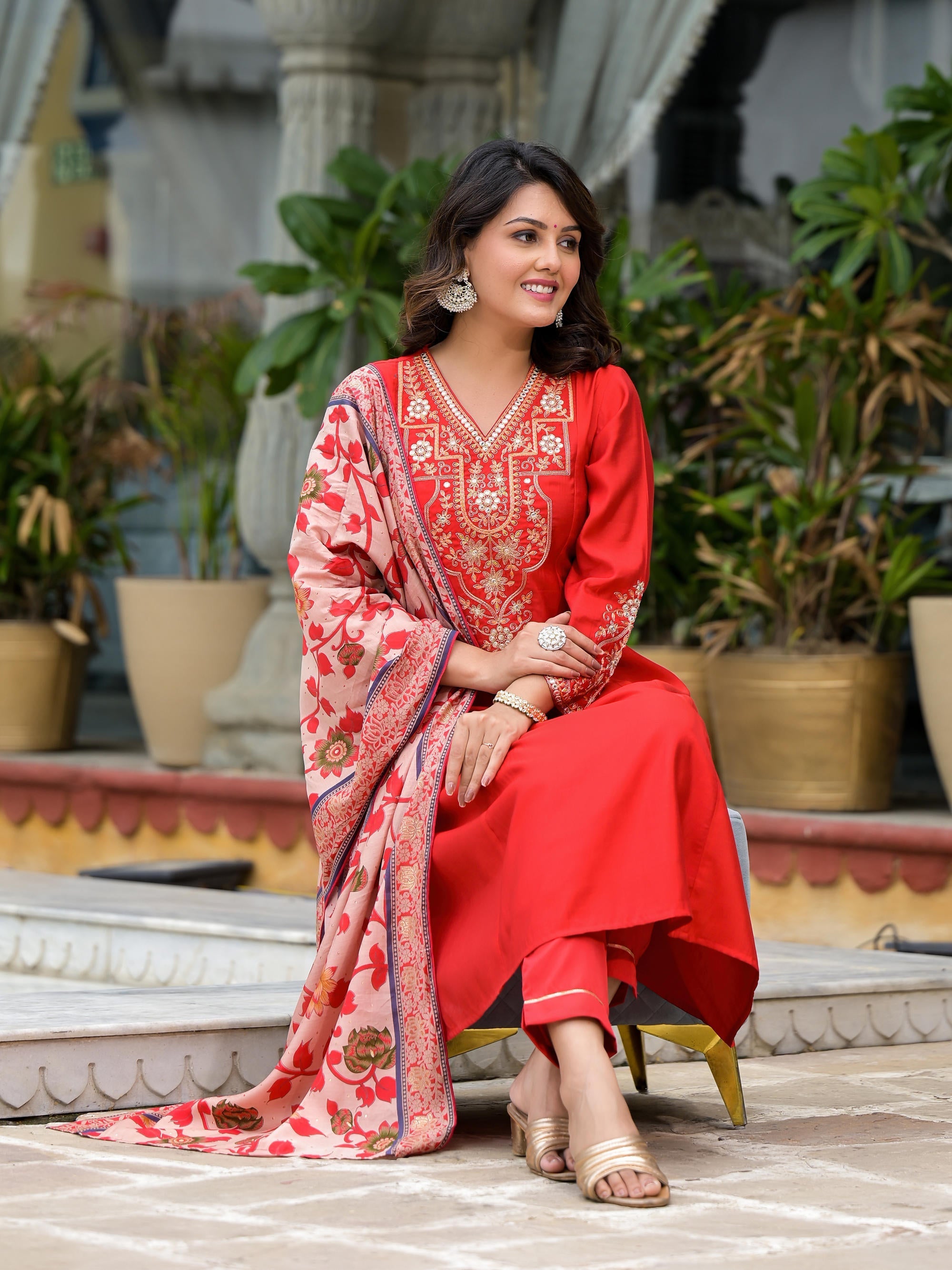 Juniper Women's Red Modal Embroidered Kurta Set