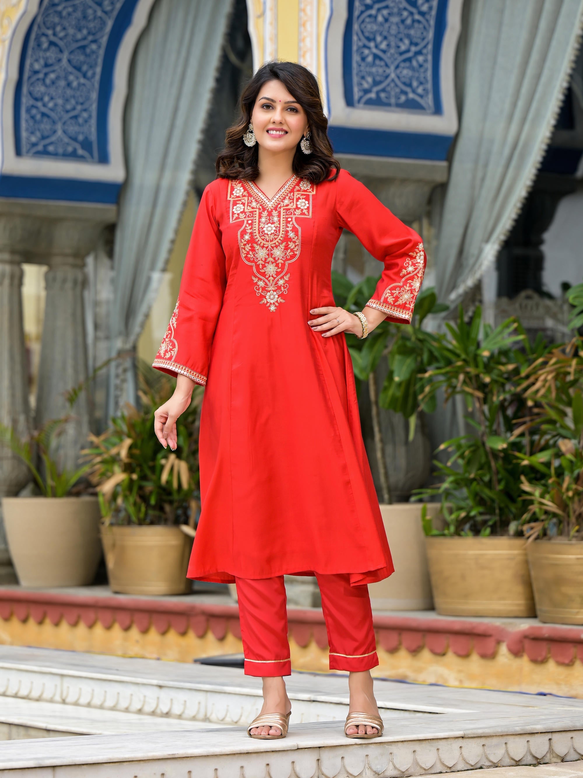 Juniper Women's Red Modal Embroidered Kurta Set