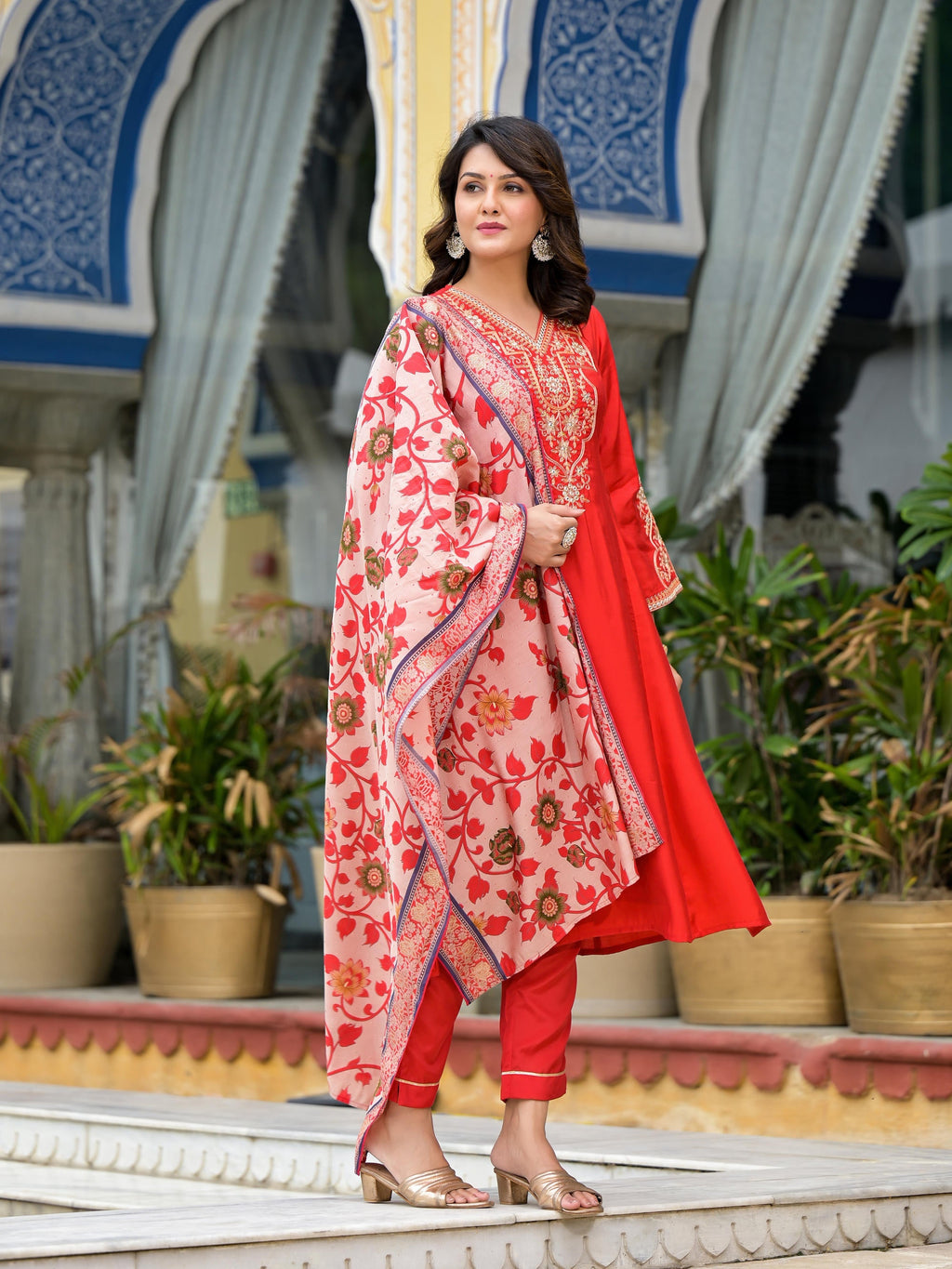 Juniper Women's Red Modal Embroidered Kurta Set