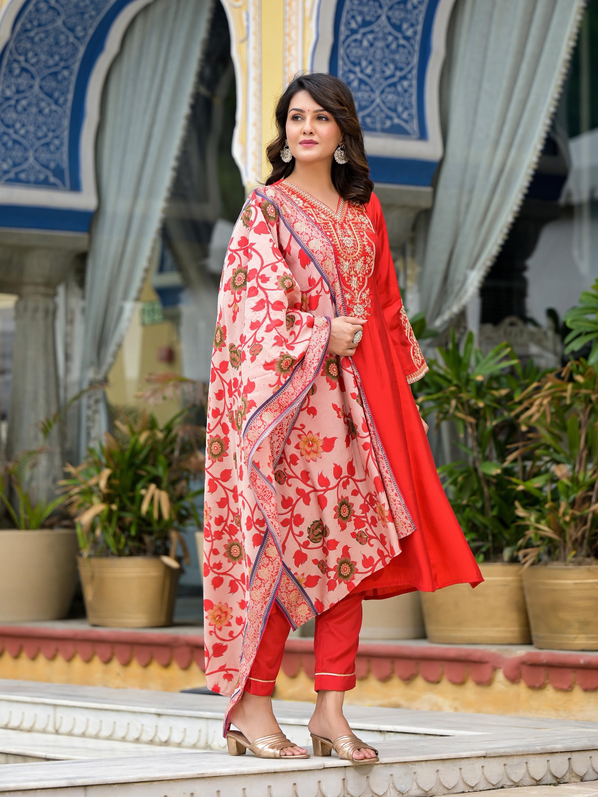 Juniper Women's Red Modal Embroidered Kurta Set