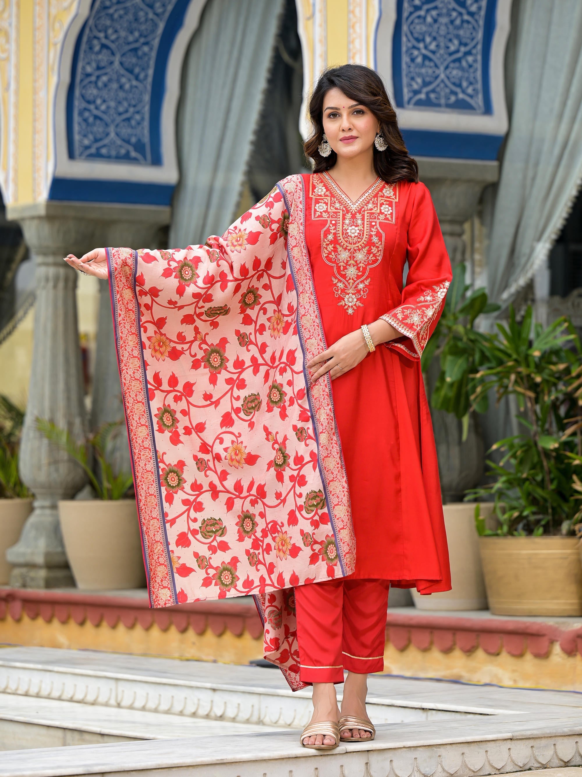 Juniper Women's Red Modal Embroidered Kurta Set