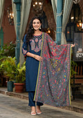 Juniper Women's Blue Viscose Rayon Solid Kurta Set
