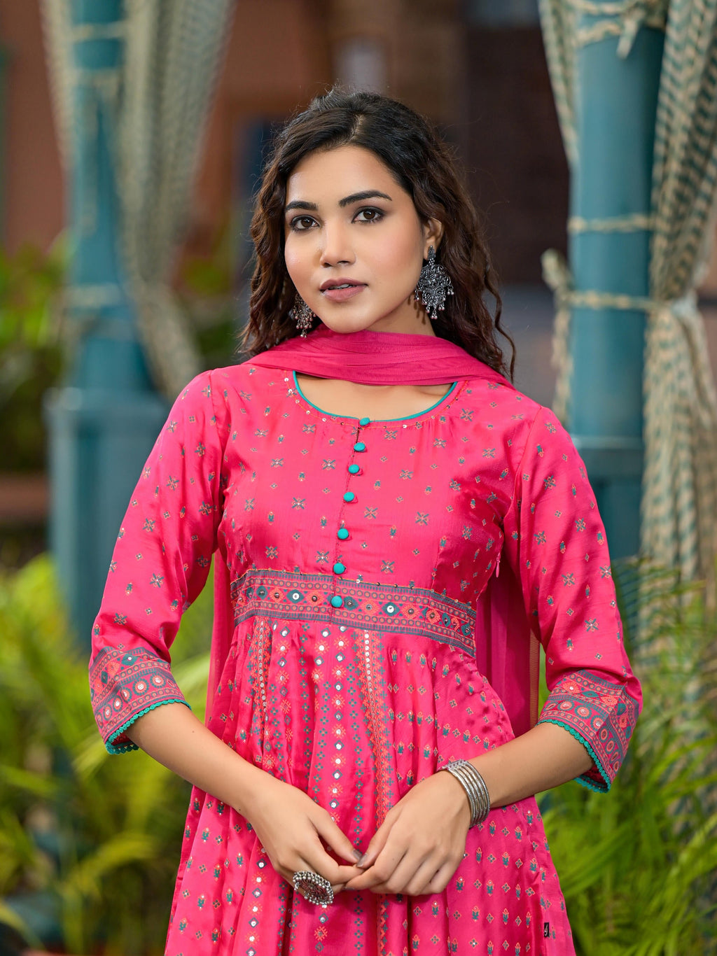 Juniper Women's Pink Polyester Printed Kurta Set
