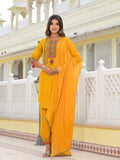 Juniper Women's Mustard Ethnic Motif Printed Kurta, Pant And Dupatta Set With Tassels & Buttons.
