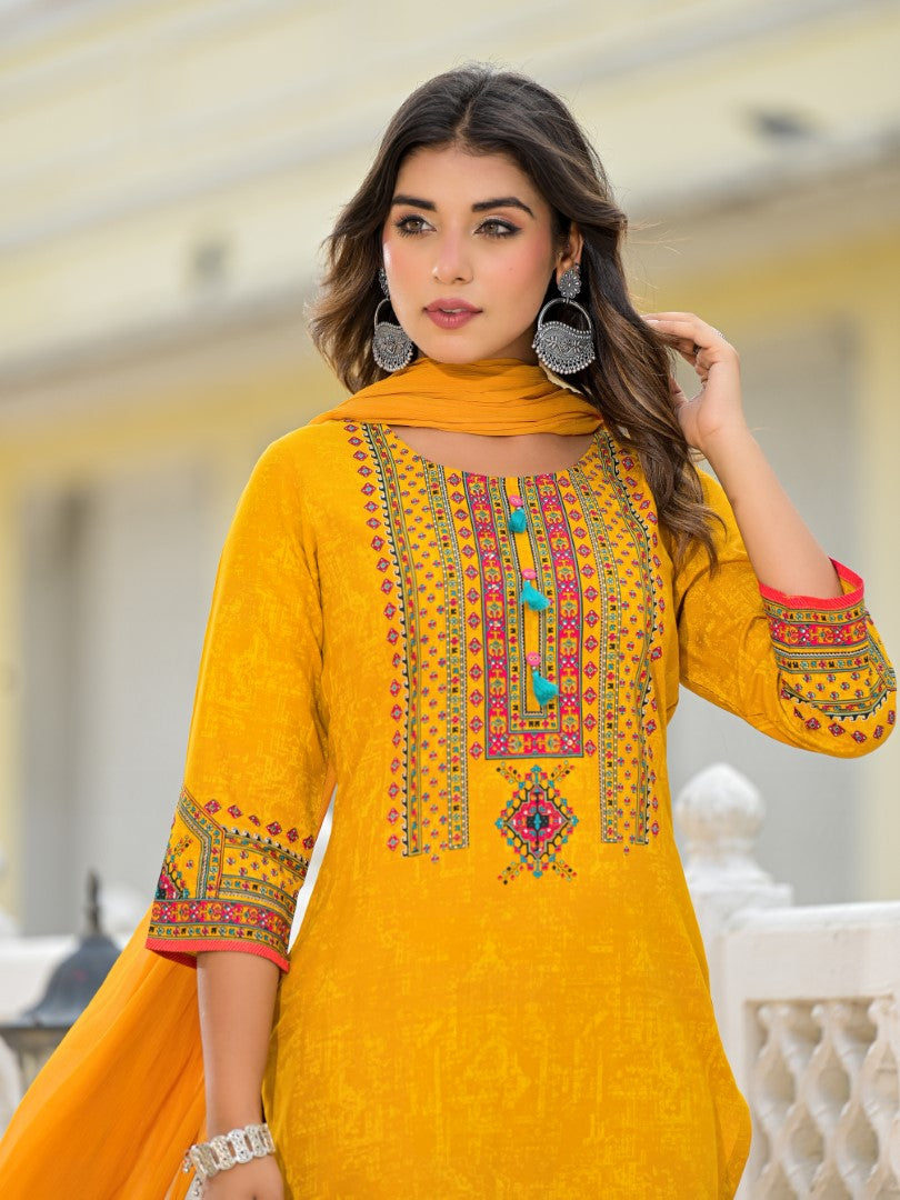 Juniper Women's Mustard Ethnic Motif Printed Kurta, Pant And Dupatta Set With Tassels & Buttons.