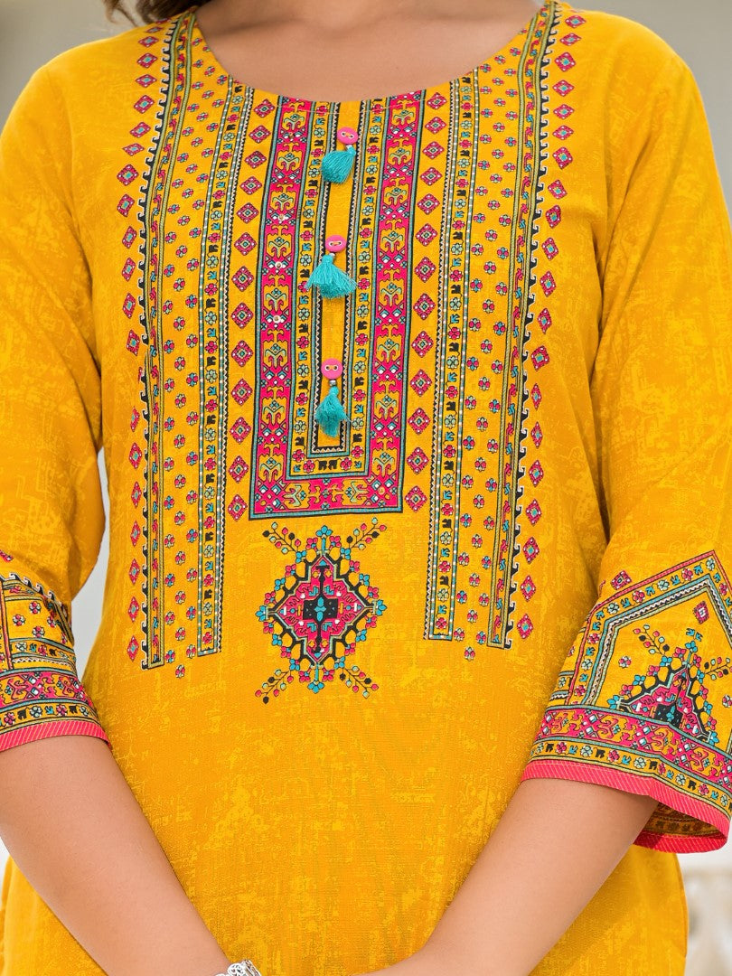 Juniper Women's Mustard Ethnic Motif Printed Kurta, Pant And Dupatta Set With Tassels & Buttons.