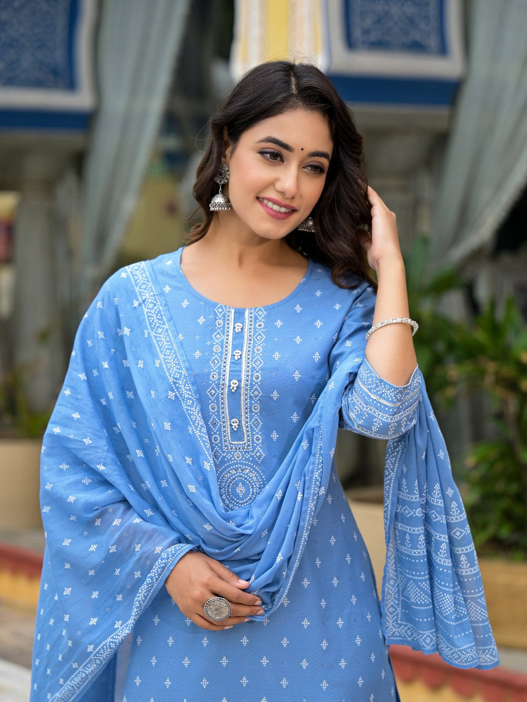 Juniper Women's Blue Ethnic Motif Printed Liva Rayon Kurta Pant And Dupatta Set With Beads Sequins & Lace