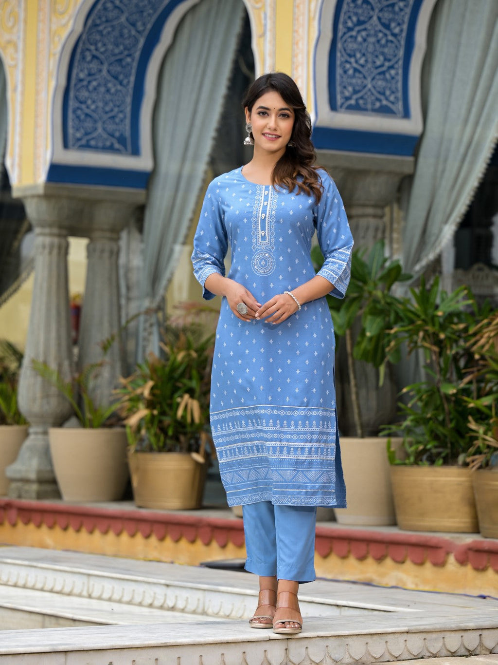 Juniper Women's Blue Ethnic Motif Printed Liva Rayon Kurta Pant And Dupatta Set With Beads Sequins & Lace