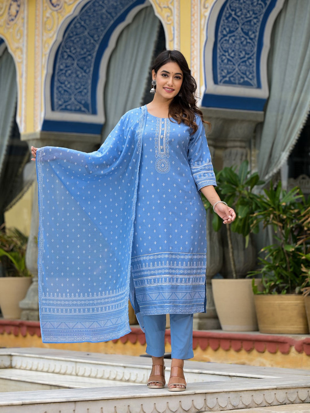 Juniper Women's Blue Ethnic Motif Printed Liva Rayon Kurta Pant And Dupatta Set With Beads Sequins & Lace