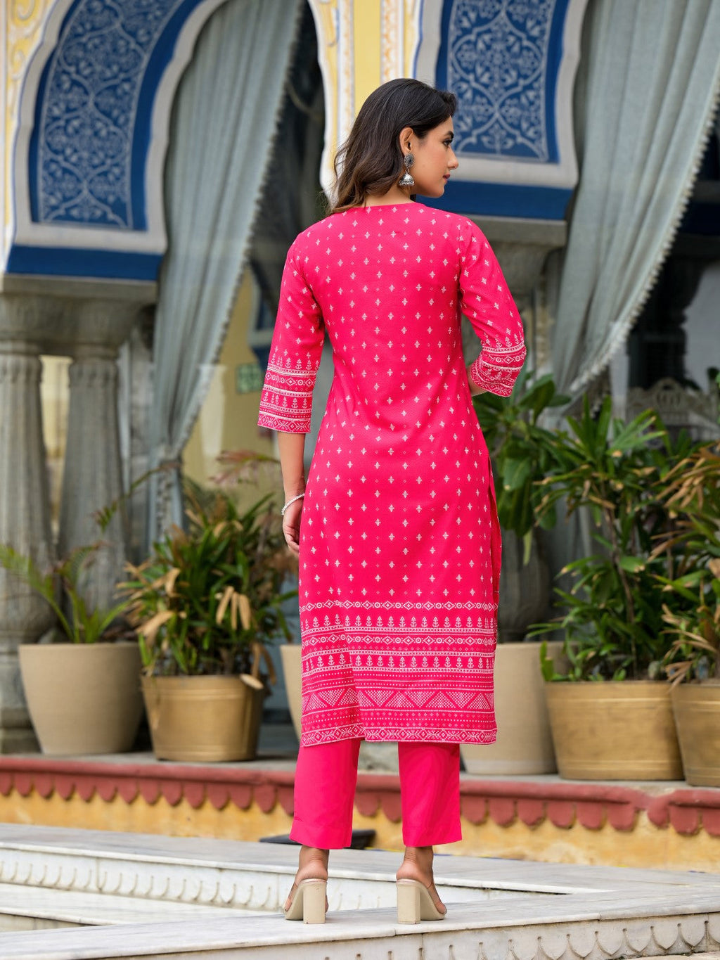 Juniper Women's Pink Ethnic Motif Printed Liva Rayon Kurta Pant And Dupatta Set With Beads Sequins & Lace