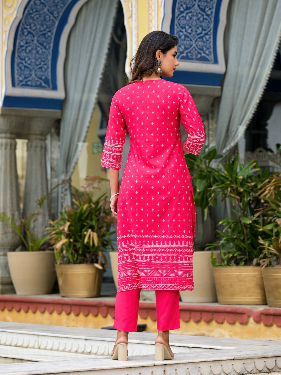 Juniper Women's Pink Ethnic Motif Printed Liva Rayon Kurta Pant And Dupatta Set With Beads Sequins & Lace