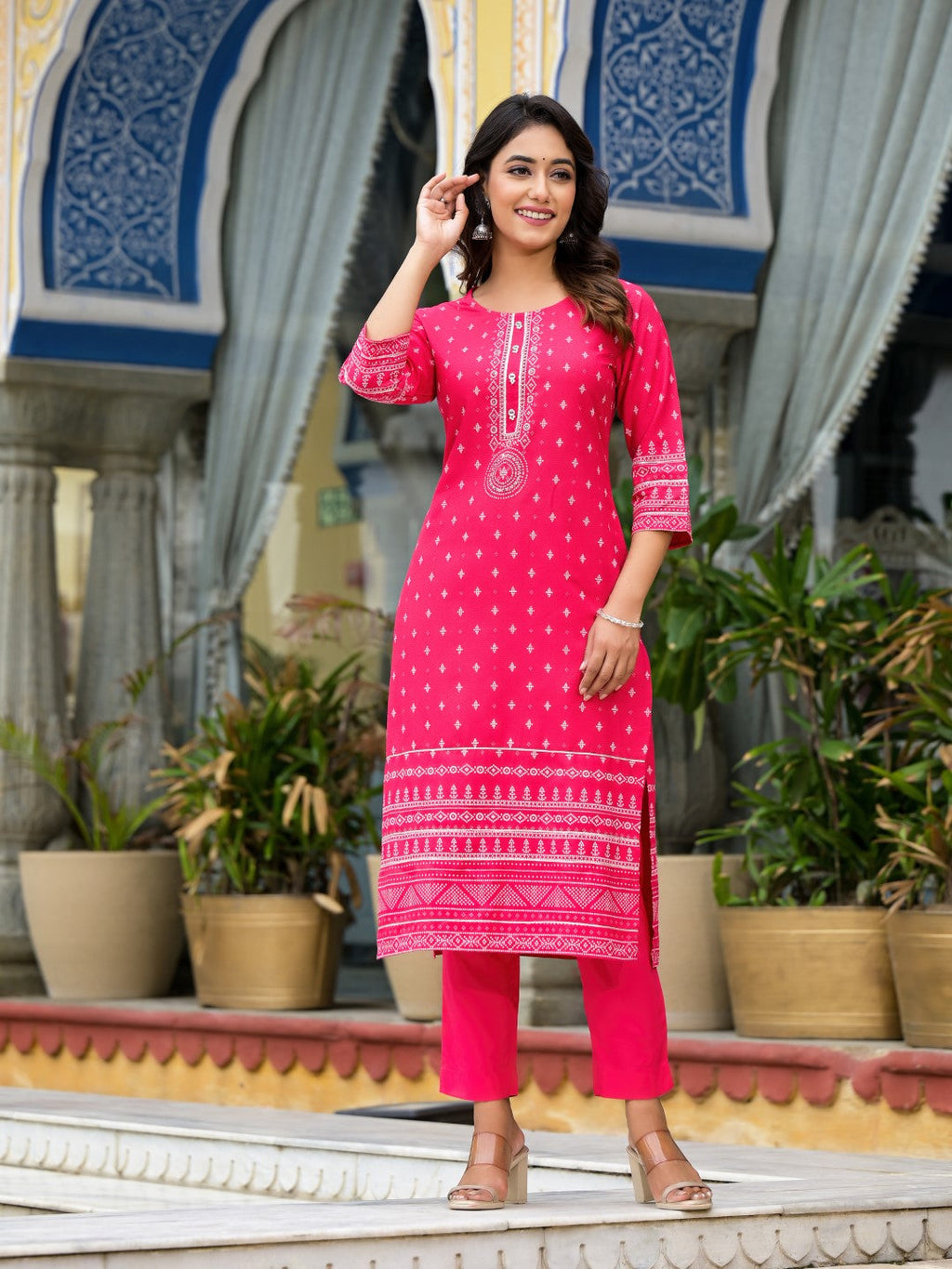 Juniper Women's Pink Ethnic Motif Printed Liva Rayon Kurta Pant And Dupatta Set With Beads Sequins & Lace