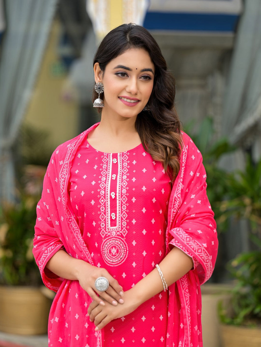 Juniper Women's Pink Ethnic Motif Printed Liva Rayon Kurta Pant And Dupatta Set With Beads Sequins & Lace