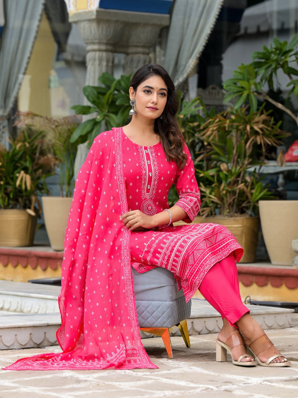Juniper Women's Pink Ethnic Motif Printed Liva Rayon Kurta Pant And Dupatta Set With Beads Sequins & Lace