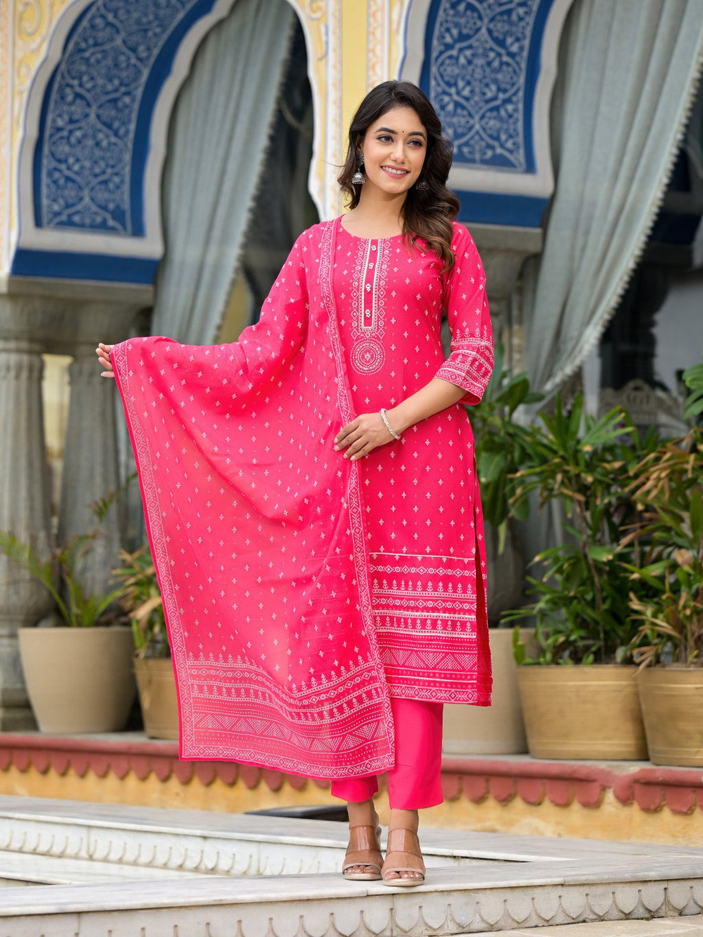 Juniper Women's Pink Ethnic Motif Printed Liva Rayon Kurta Pant And Dupatta Set With Beads Sequins & Lace