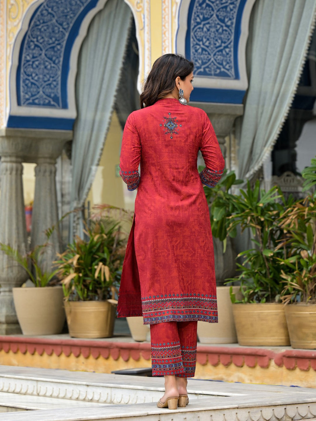 Juniper Women's Red Ethnic Motif Printed Liva Rayon Kurta Pant And Dupatta Set With Coins & Sequins