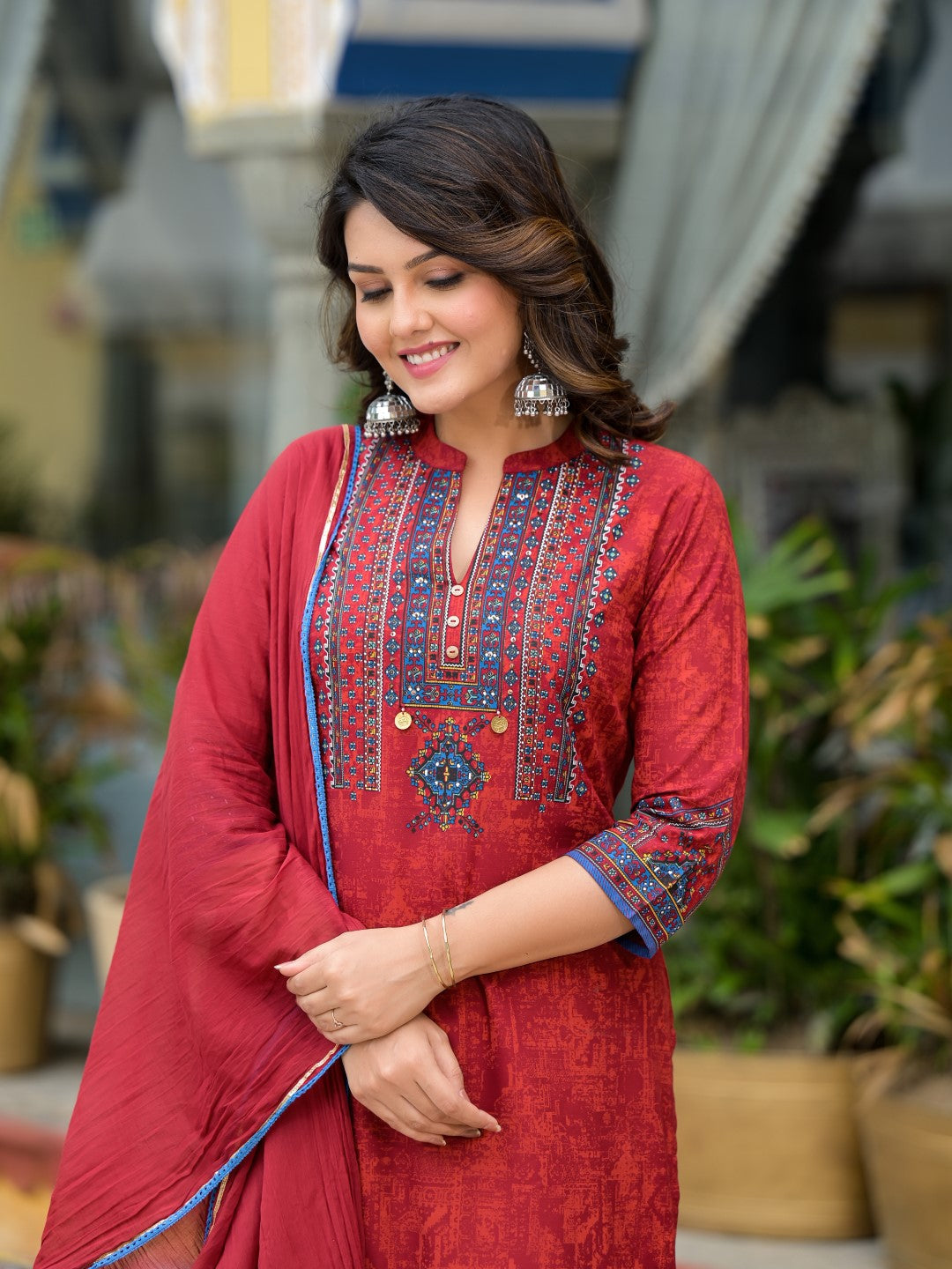 Juniper Women's Red Ethnic Motif Printed Liva Rayon Kurta Pant And Dupatta Set With Coins & Sequins