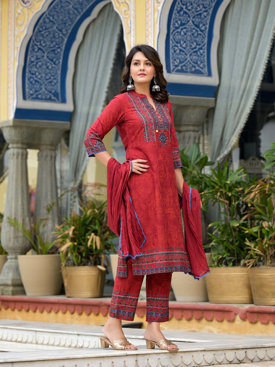 Juniper Women's Red Ethnic Motif Printed Liva Rayon Kurta Pant And Dupatta Set With Coins & Sequins