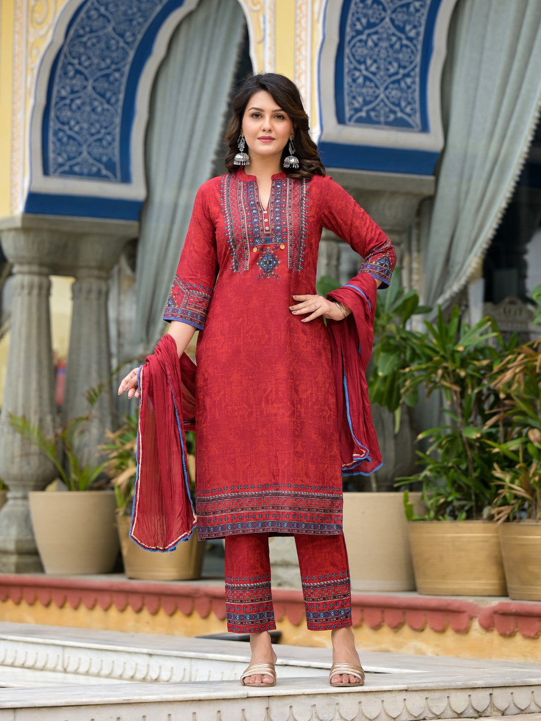 Juniper Women's Red Ethnic Motif Printed Liva Rayon Kurta Pant And Dupatta Set With Coins & Sequins
