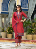Juniper Women's Red Ethnic Motif Printed Liva Rayon Kurta Pant And Dupatta Set With Coins & Sequins