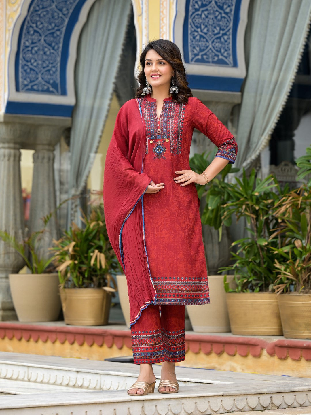 Juniper Women's Red Ethnic Motif Printed Liva Rayon Kurta Pant And Dupatta Set With Coins & Sequins