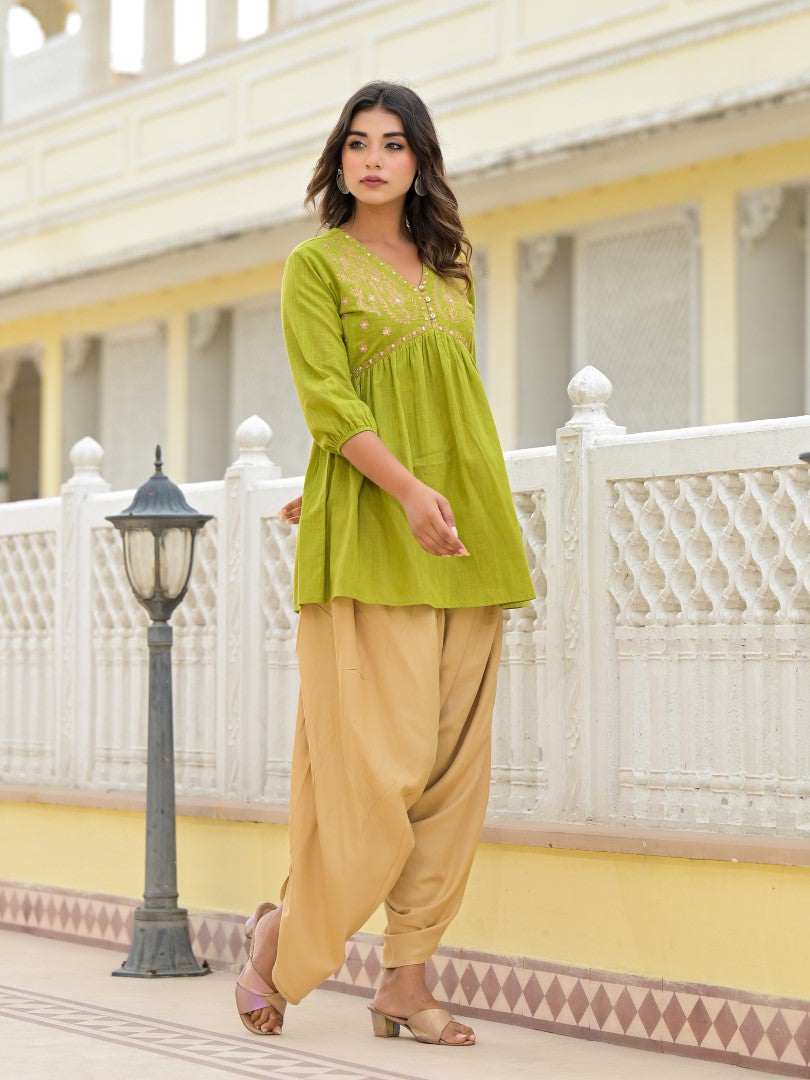 Juniper Women's Gold Ethnic Motif Printed Cotton Top And Pant Co-Ord Set With Zari Work