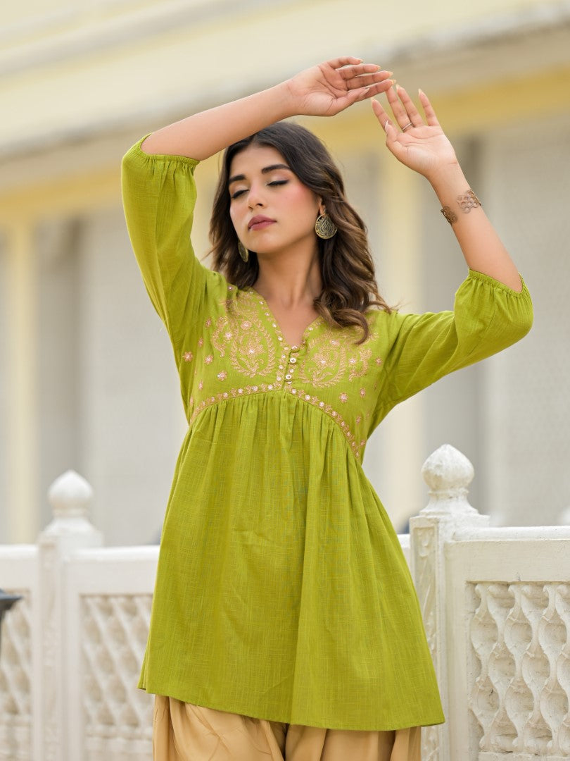 Juniper Women's Gold Ethnic Motif Printed Cotton Top And Pant Co-Ord Set With Zari Work