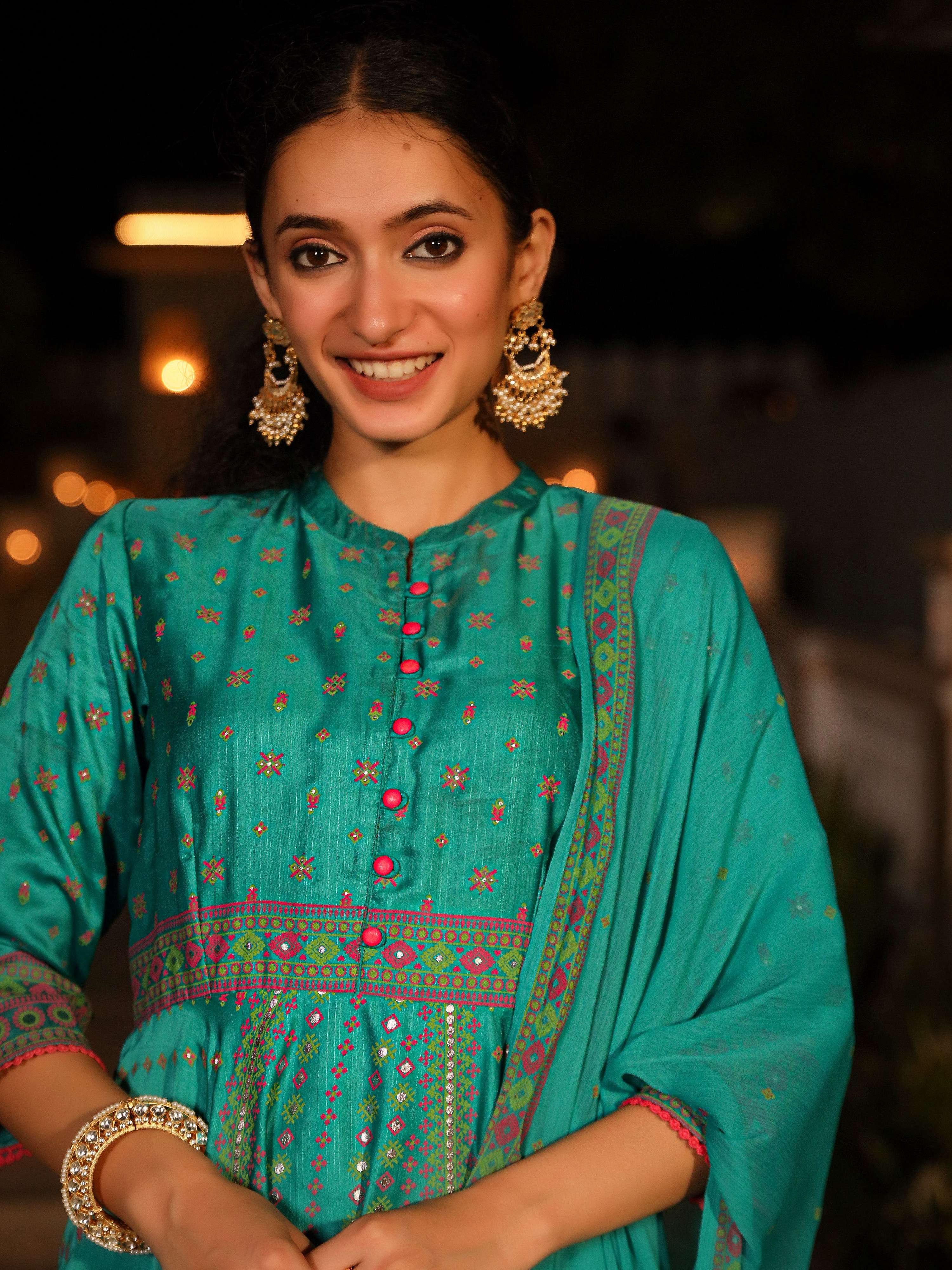 Juniper Women's Sea Green Ethnic Motif Printed Slub Satin Kurta Pant And Chiffon Dupatta Set With Buttons & Lace
