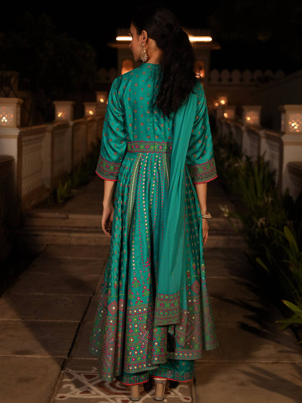 Juniper Women's Sea Green Ethnic Motif Printed Slub Satin Kurta Pant And Chiffon Dupatta Set With Buttons & Lace