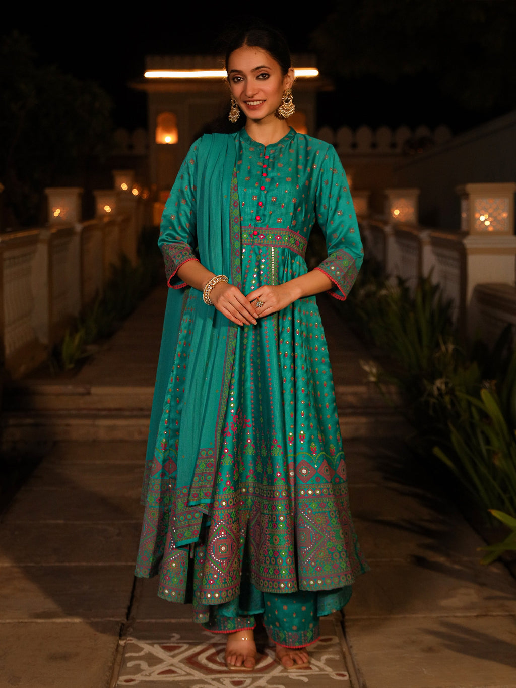 Juniper Women's Sea Green Ethnic Motif Printed Slub Satin Kurta Pant And Chiffon Dupatta Set With Buttons & Lace