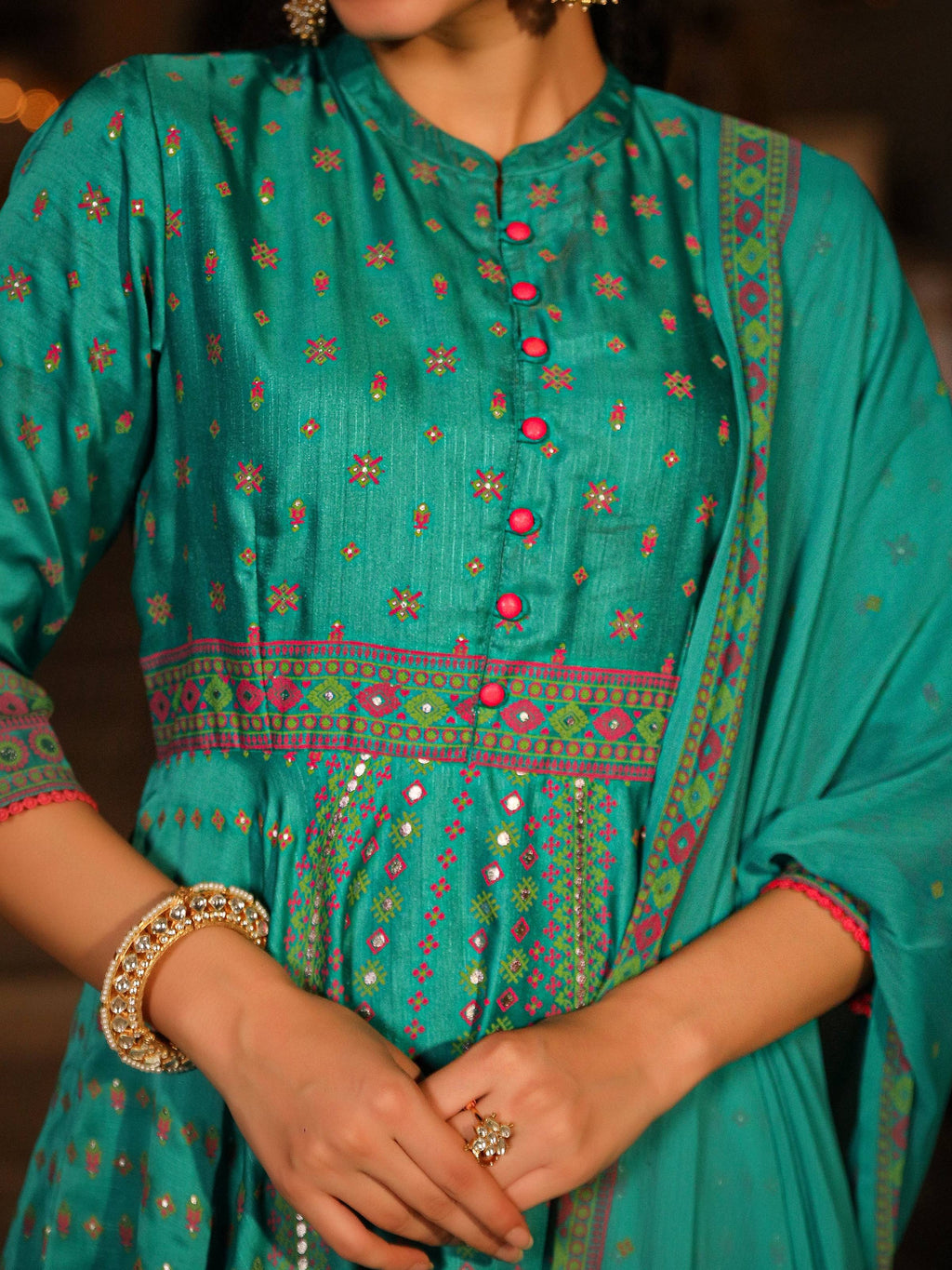 Juniper Women's Sea Green Ethnic Motif Printed Slub Satin Kurta Pant And Chiffon Dupatta Set With Buttons & Lace