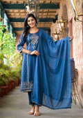 Juniper Women's Blue Ethnic Motif Printed Liva Rayon Kurta Pant And Dupatta Set With Sequins & Tassels