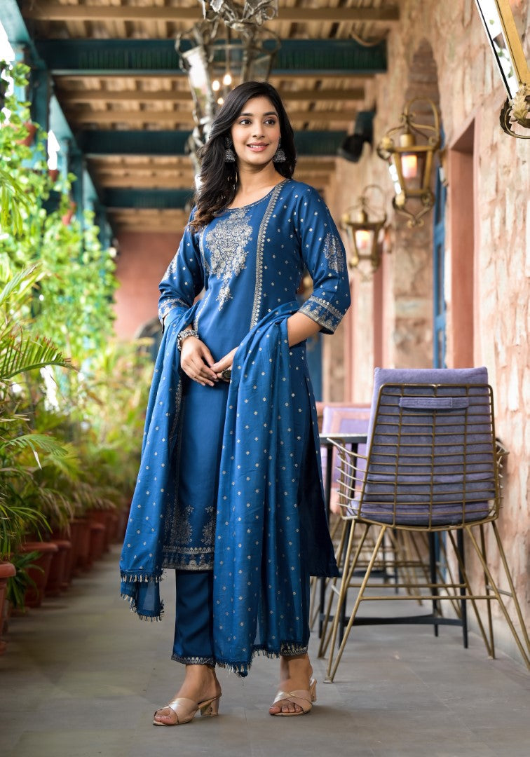 Juniper Women's Blue Ethnic Motif Printed Liva Rayon Kurta Pant And Dupatta Set With Sequins & Tassels