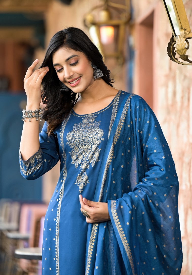 Juniper Women's Blue Ethnic Motif Printed Liva Rayon Kurta Pant And Dupatta Set With Sequins & Tassels