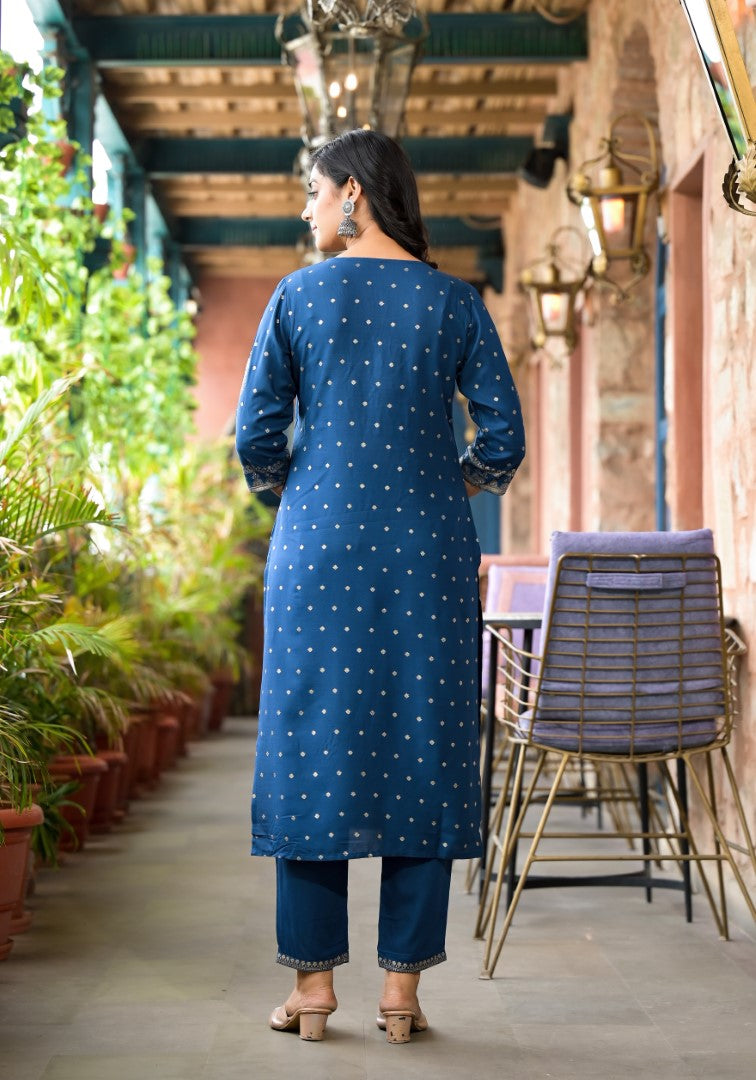 Juniper Women's Blue Ethnic Motif Printed Liva Rayon Kurta Pant And Dupatta Set With Sequins & Tassels