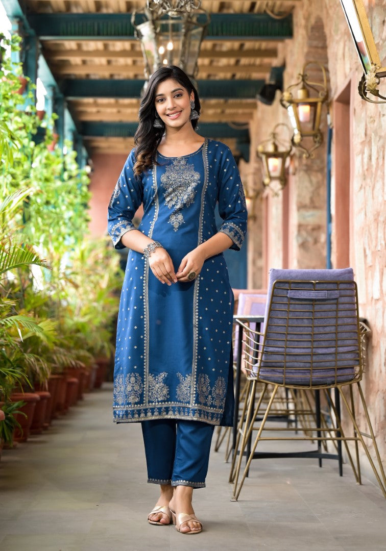 Juniper Women's Blue Ethnic Motif Printed Liva Rayon Kurta Pant And Dupatta Set With Sequins & Tassels