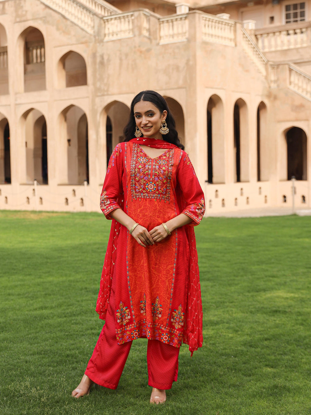 Juniper Women's Orange Viscose Rayon Printed Kurta Set