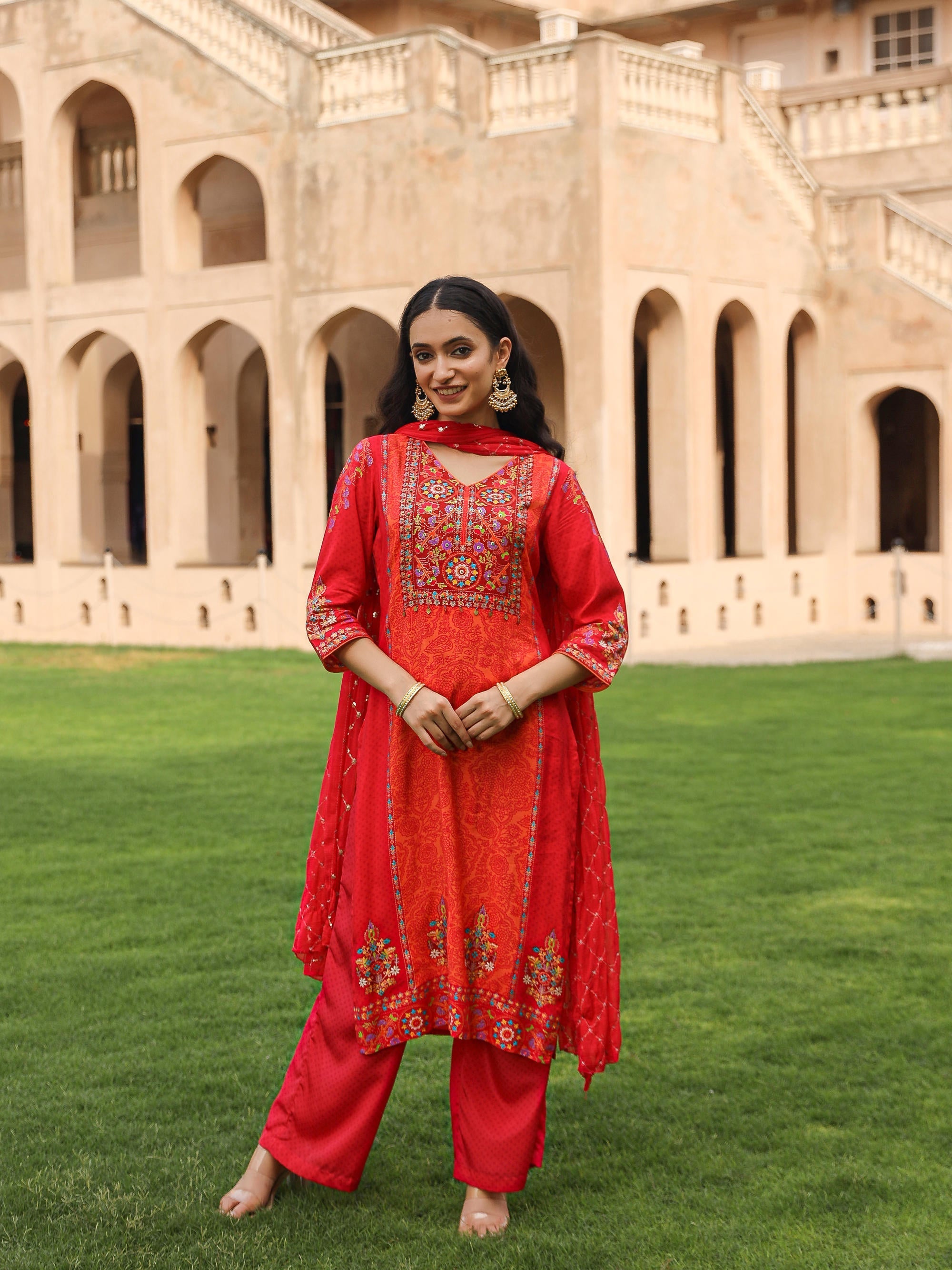 Juniper Women's Orange Viscose Rayon Printed Kurta Set