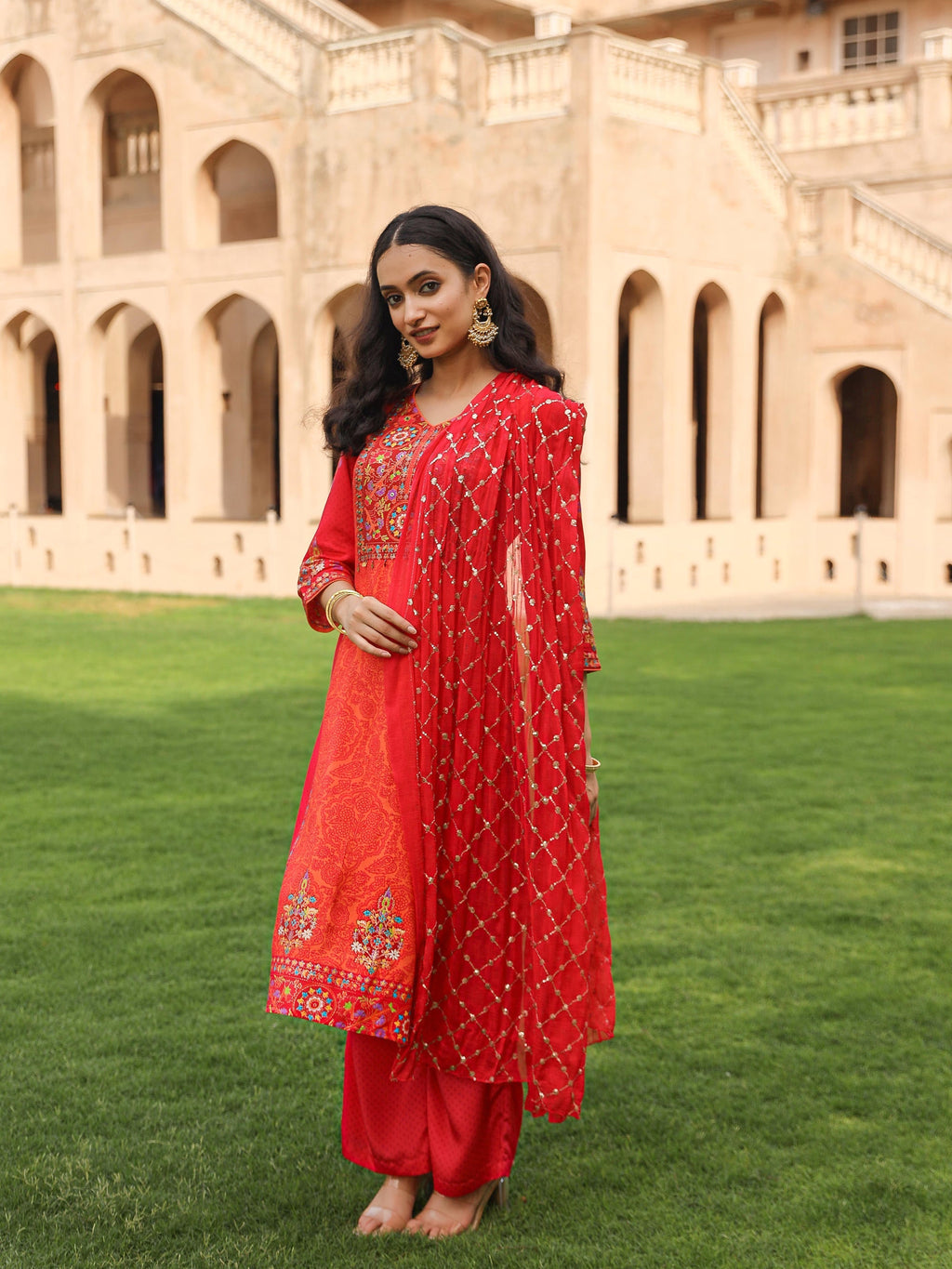 Juniper Women's Orange Viscose Rayon Printed Kurta Set