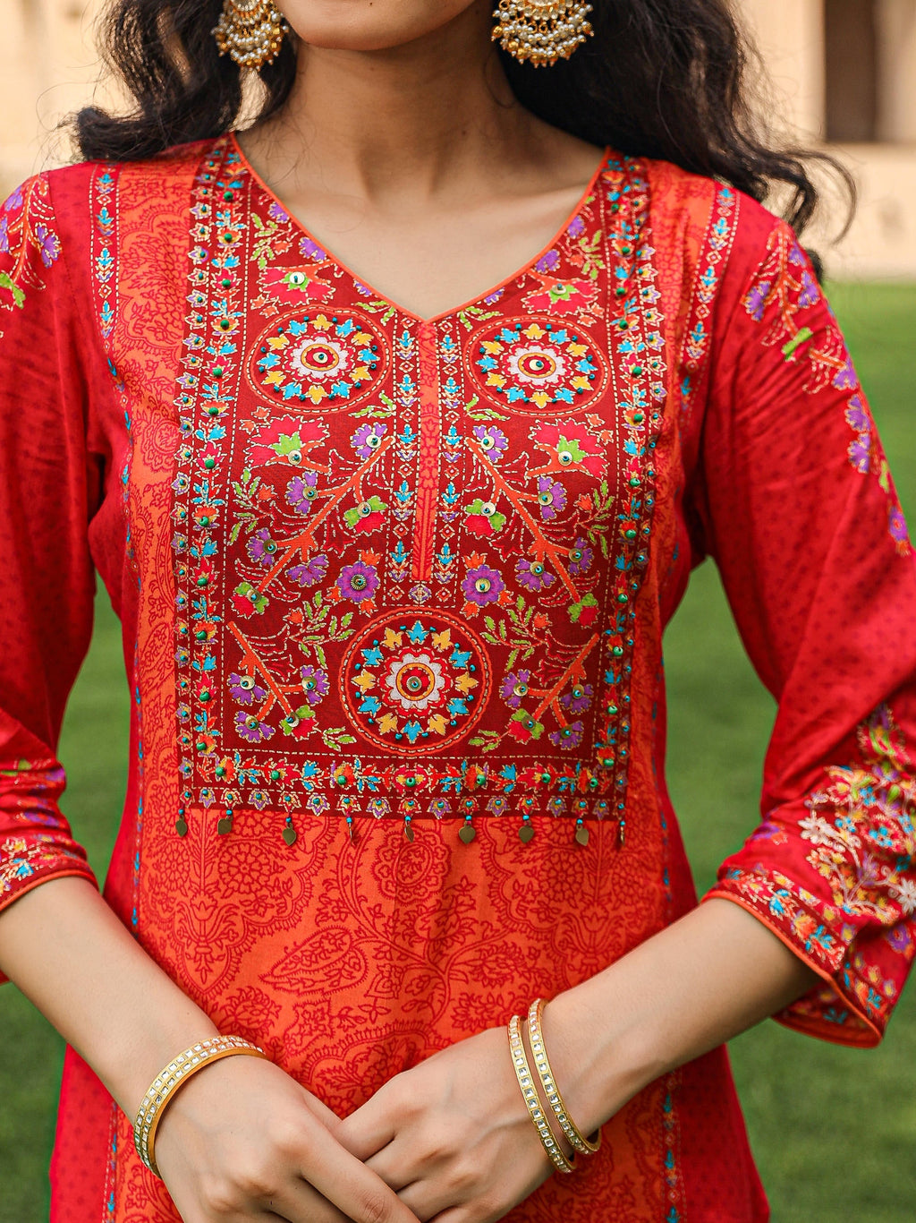 Juniper Women's Orange Viscose Rayon Printed Kurta Set