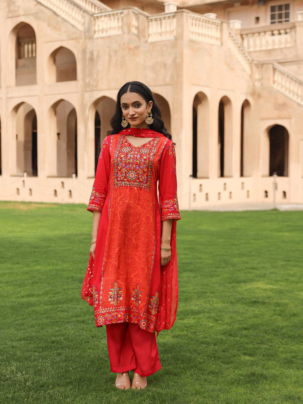 Juniper Women's Orange Viscose Rayon Printed Kurta Set