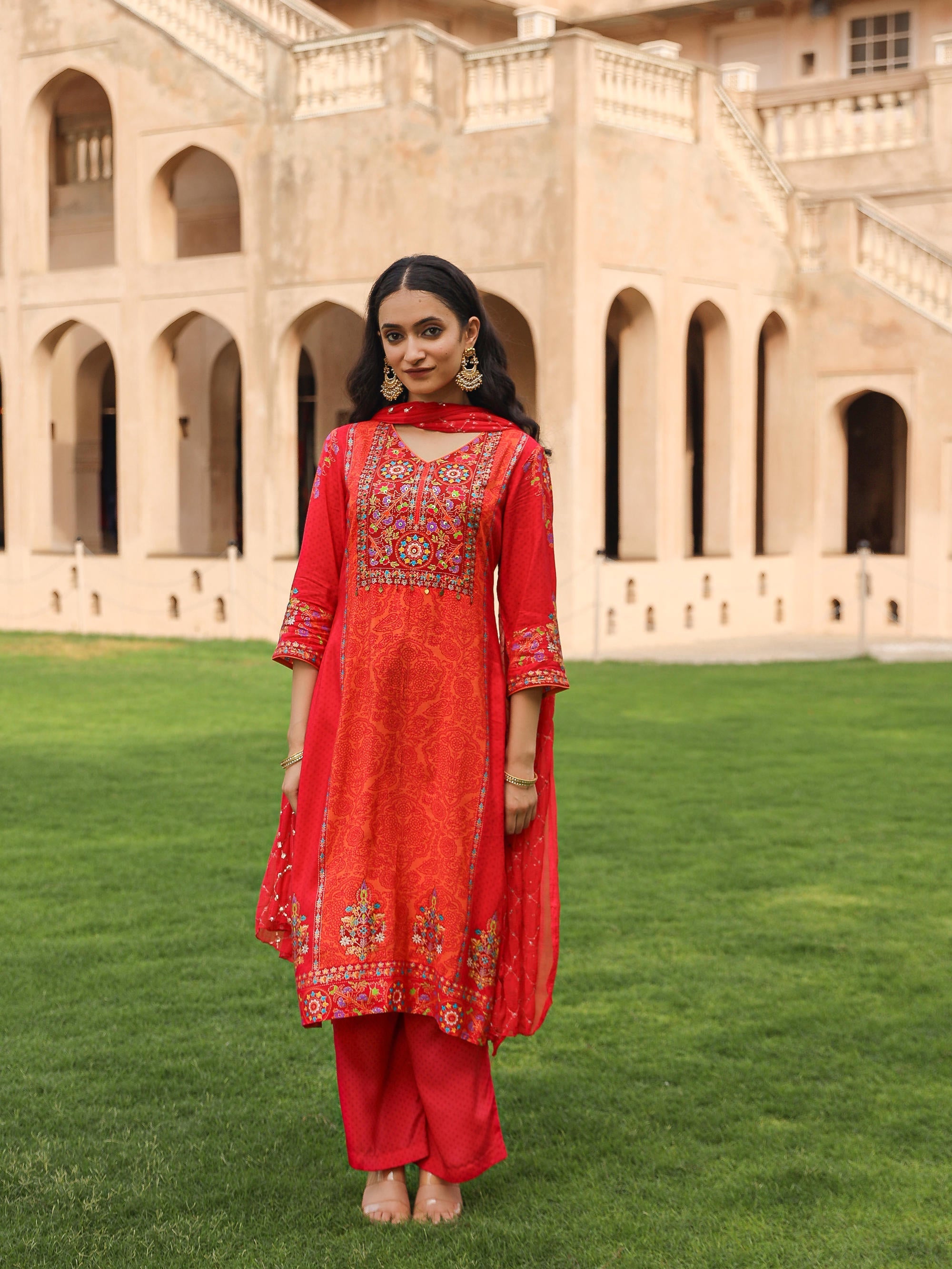Juniper Women's Orange Viscose Rayon Printed Kurta Set