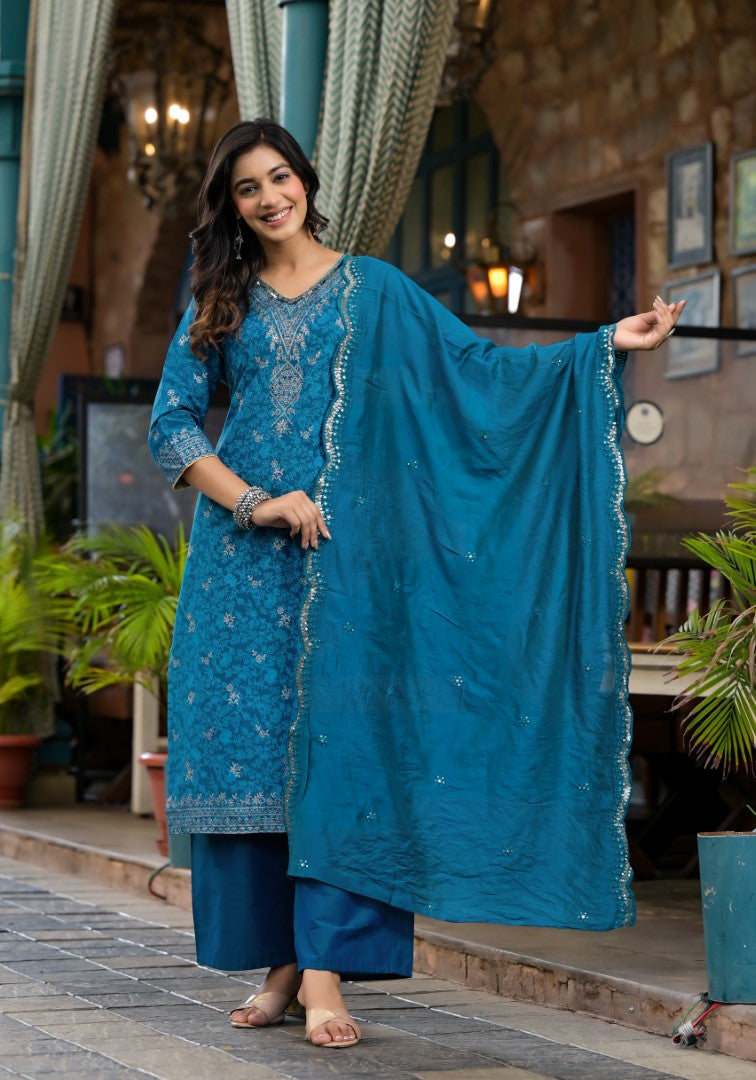 Juniper Women's Blue Poly Staple Ethnic Motif Printed Kurta Pant And Dupatta Set With Sequins Mirror & Zari Work