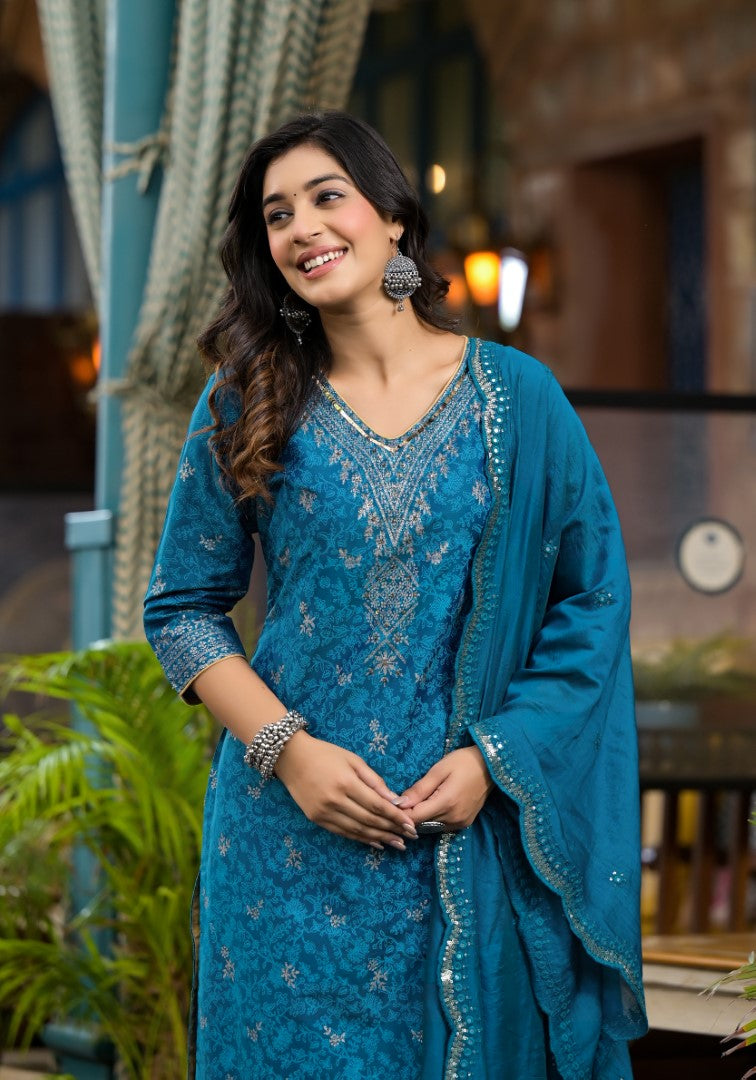 Juniper Women's Blue Poly Staple Ethnic Motif Printed Kurta Pant And Dupatta Set With Sequins Mirror & Zari Work