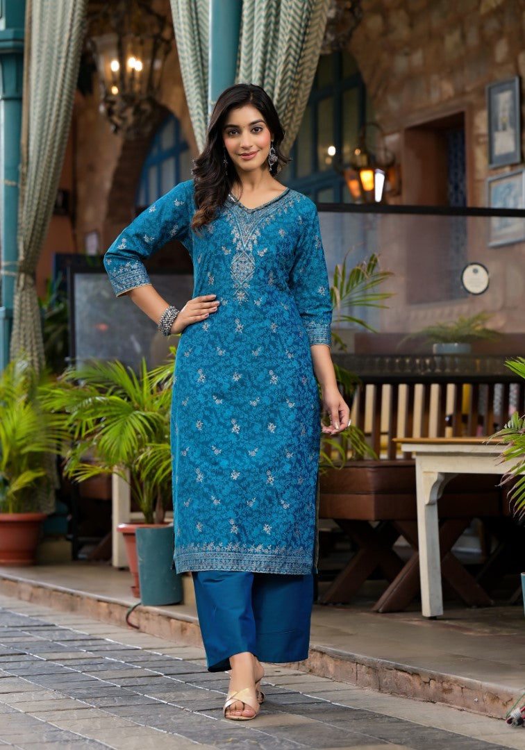 Juniper Women's Blue Poly Staple Ethnic Motif Printed Kurta Pant And Dupatta Set With Sequins Mirror & Zari Work