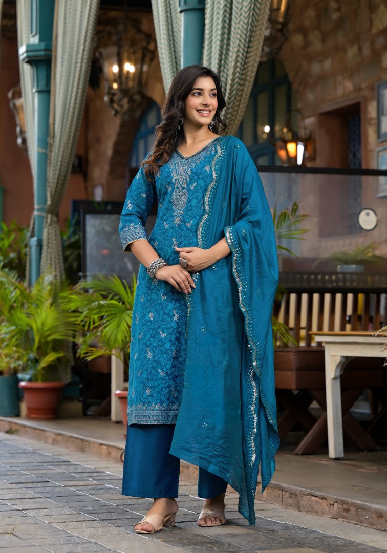 Juniper Women's Blue Poly Staple Ethnic Motif Printed Kurta Pant And Dupatta Set With Sequins Mirror & Zari Work