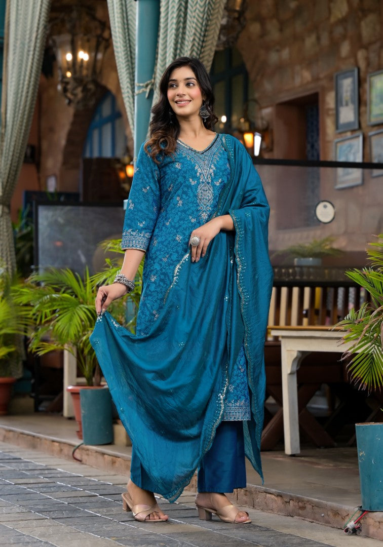 Juniper Women's Blue Poly Staple Ethnic Motif Printed Kurta Pant And Dupatta Set With Sequins Mirror & Zari Work