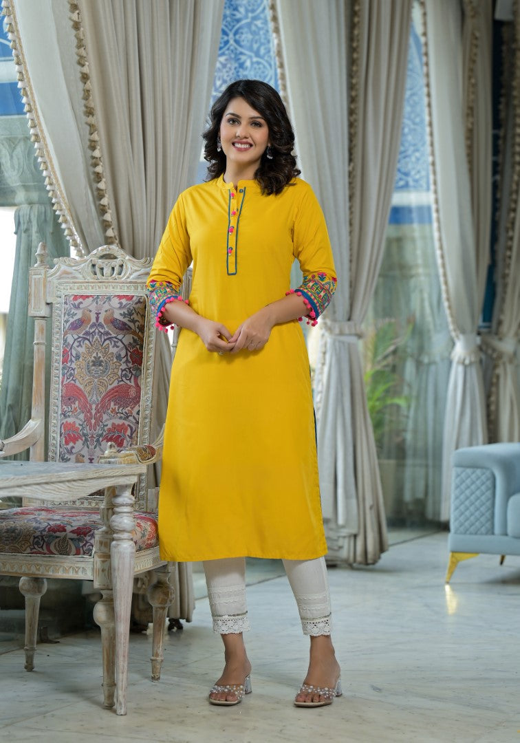Juniper Women's Mustard Thread Embroidered Liva Rayon Kurta With Sequins Beads & Mirror Work