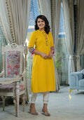 Juniper Women's Mustard Thread Embroidered Liva Rayon Kurta With Sequins Beads & Mirror Work